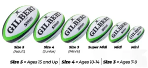 Rugby ball size comparison for beginners showing Size 3, Size 4, and Size 5.